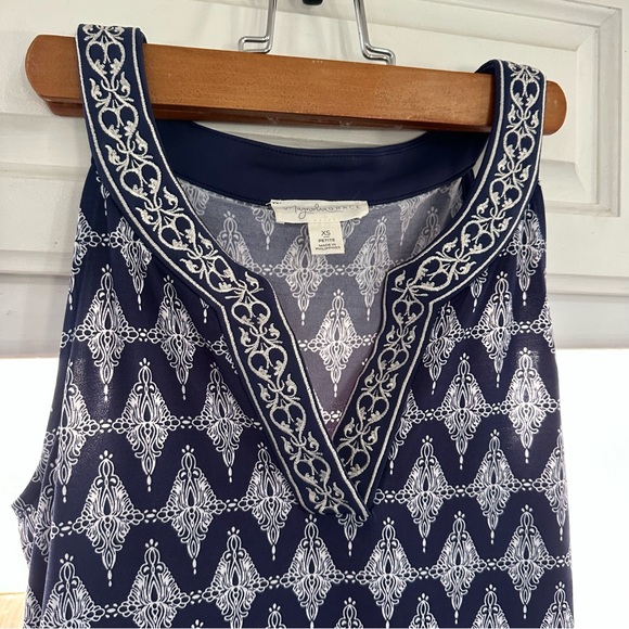 Sleeveless Midi Dress Size XS Blue White Alhambra Embroidered‎ Trim Stretch - Picture 3 of 8